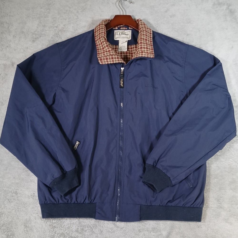 LL Bean Jacket Mens Large Blue Warm Up Bomber Plaid Lined Nylon Vintage